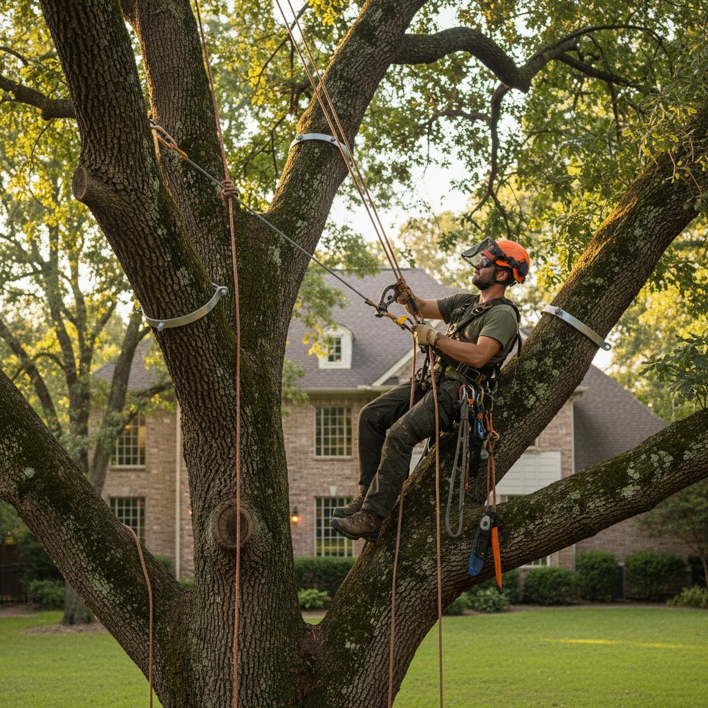 Arborist installing tree cabling system on large oak in Endwell residential yard