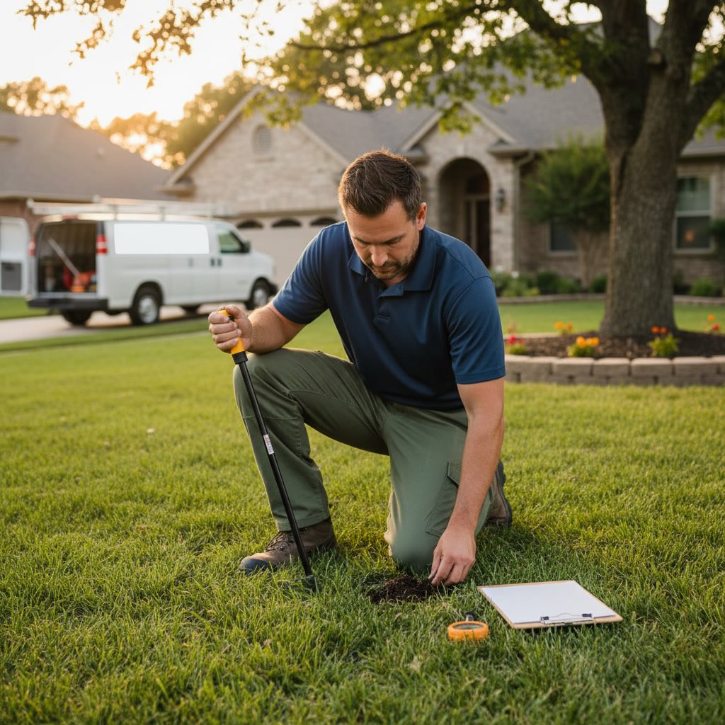 lawn care technician inspecting grass and soil quality