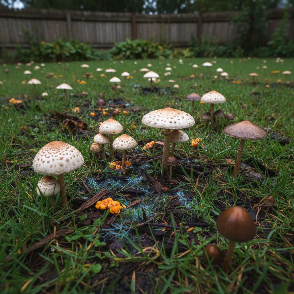close up of lawn with mushrooms and fungal growth visible
