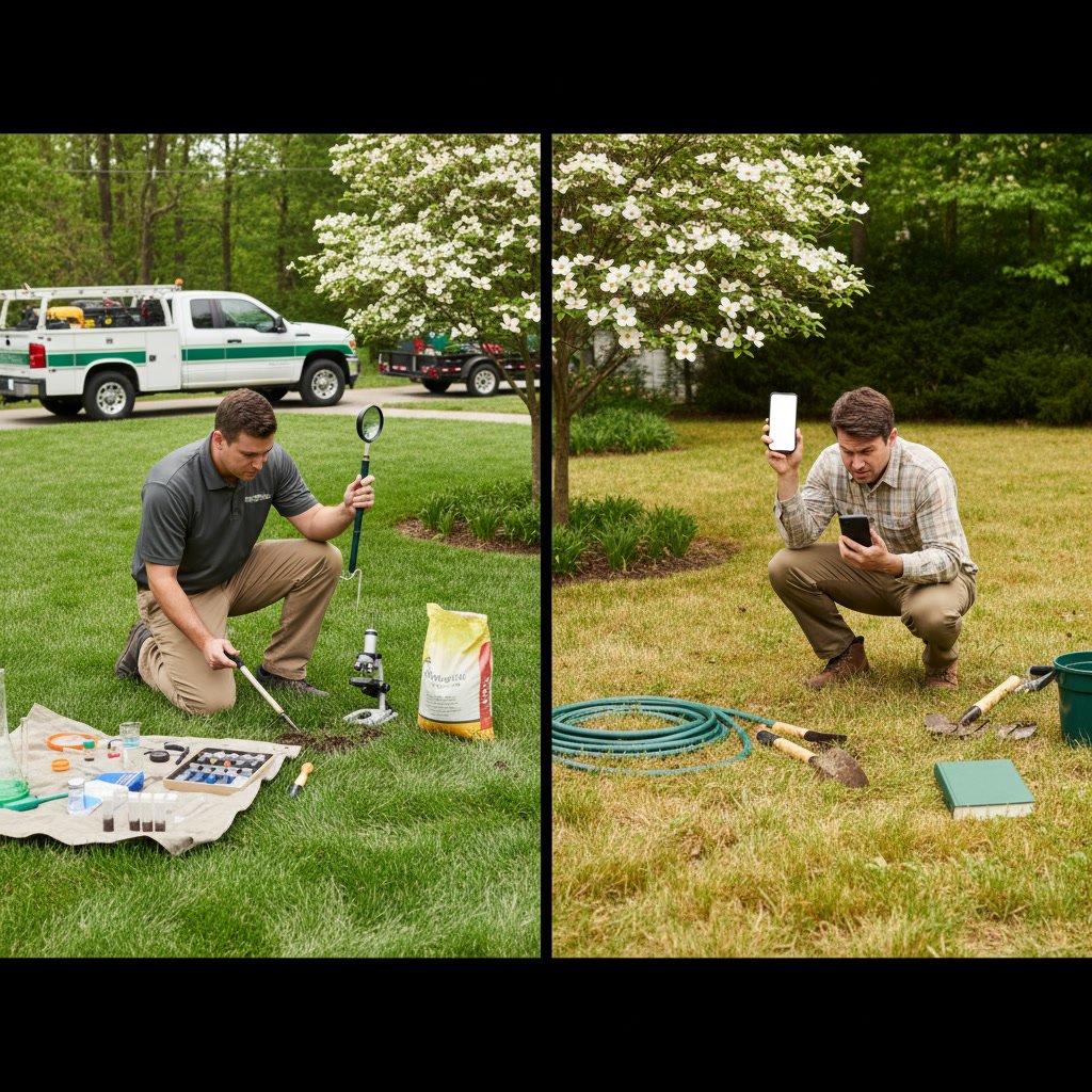 professional examining lawn grass and soil for disease and pest damage