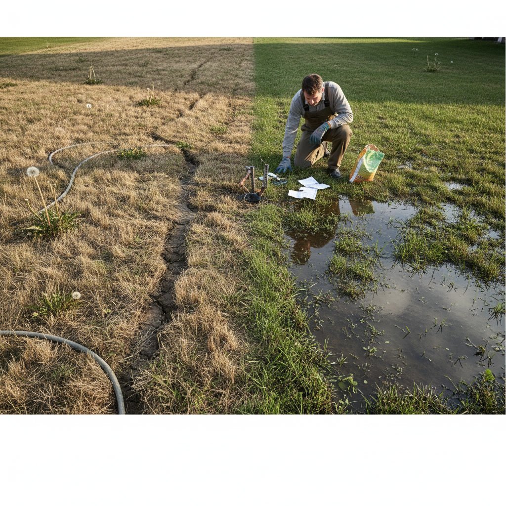Lawn showing signs of overwatering with pooling water and yellowing grass