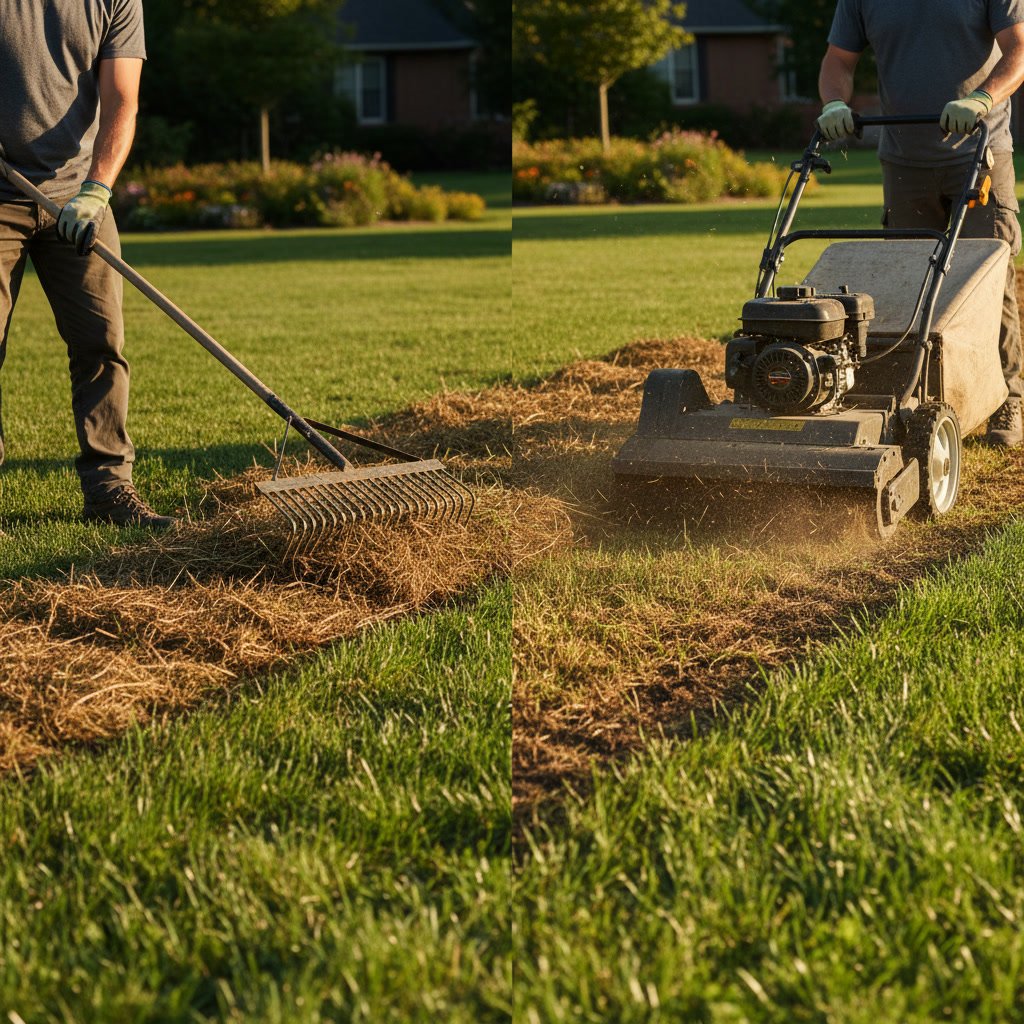 Power dethatcher removing thick thatch layer from lawn