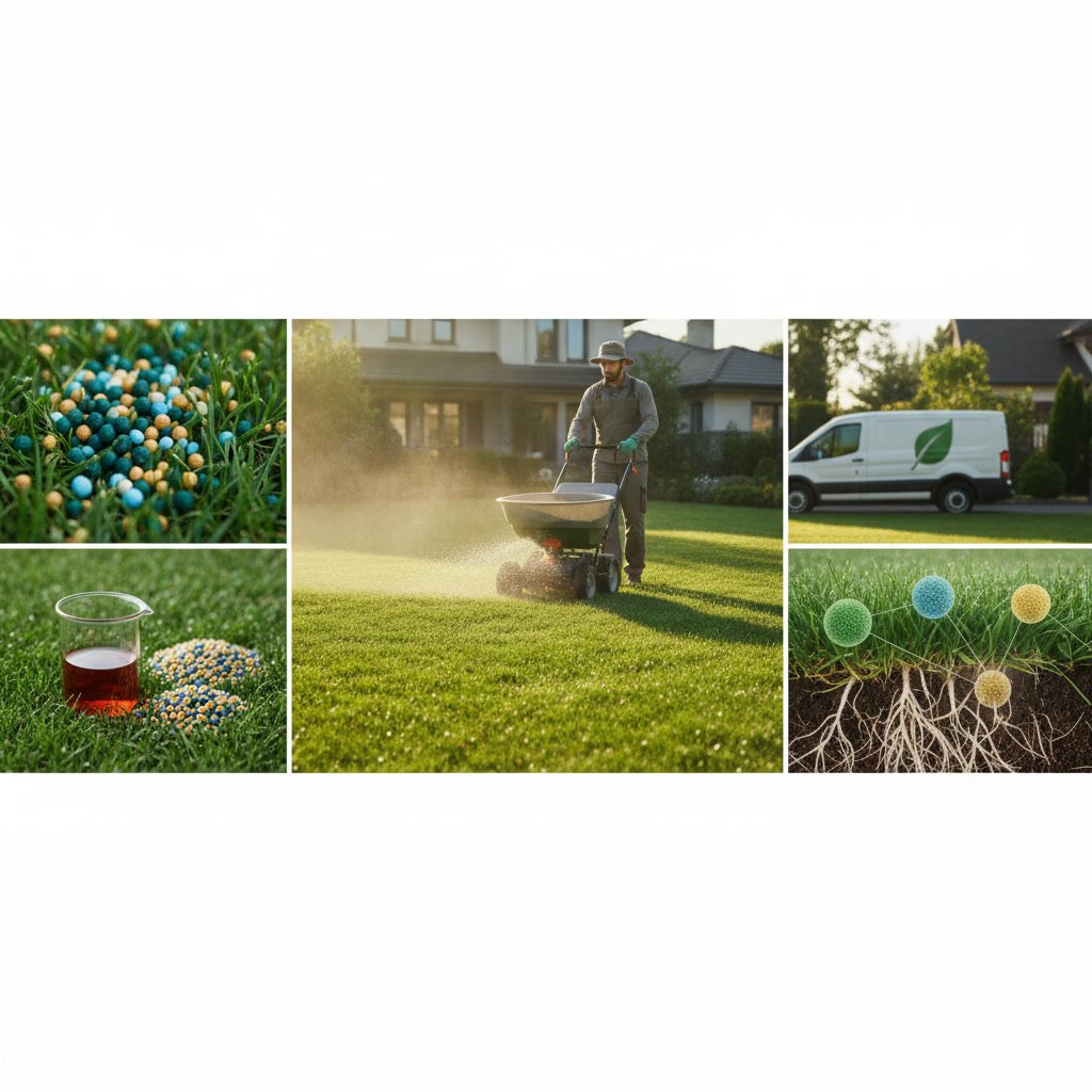 Professional lawn fertilizer application equipment spreading nutrients across healthy green grass