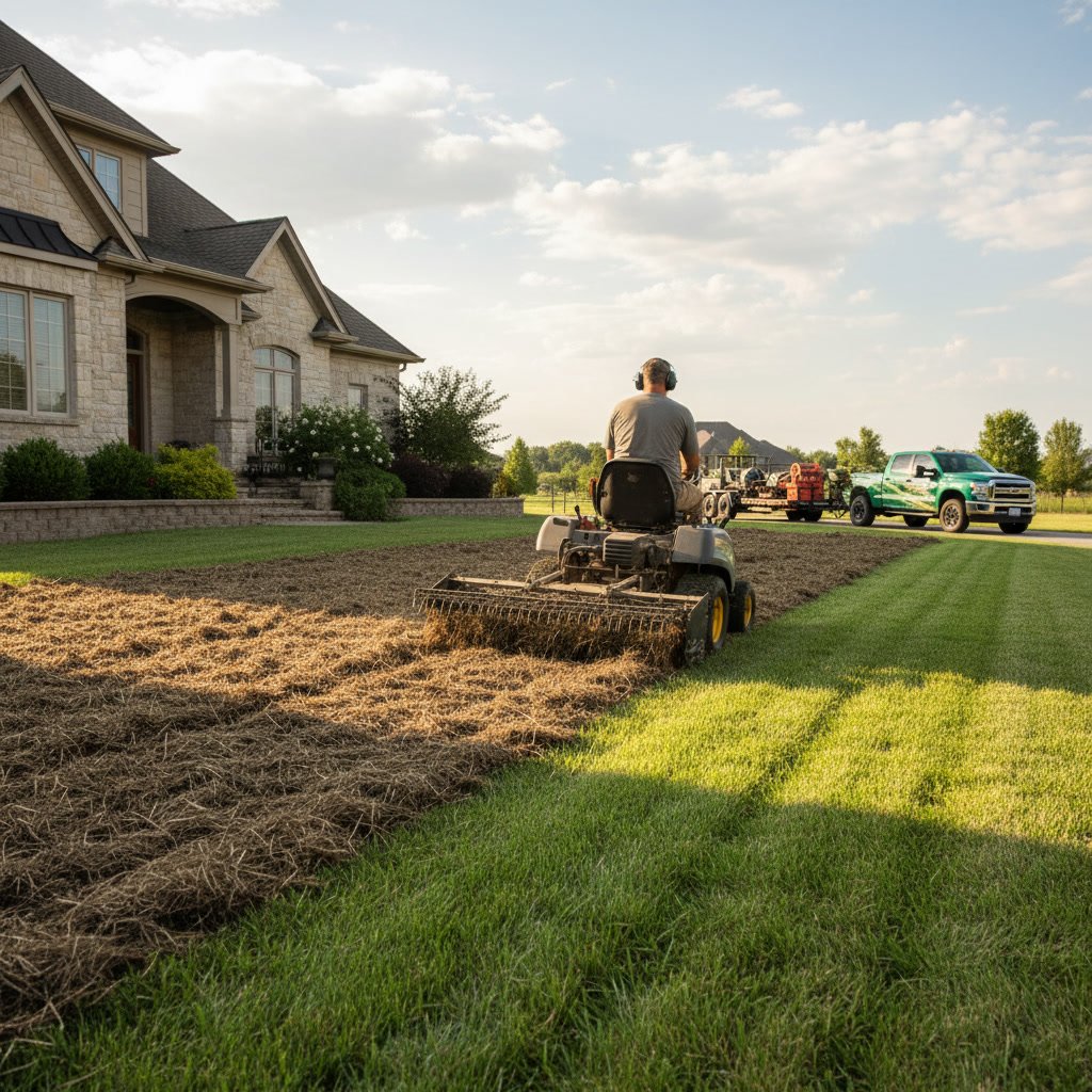 Professional dethatching equipment on healthy green lawn