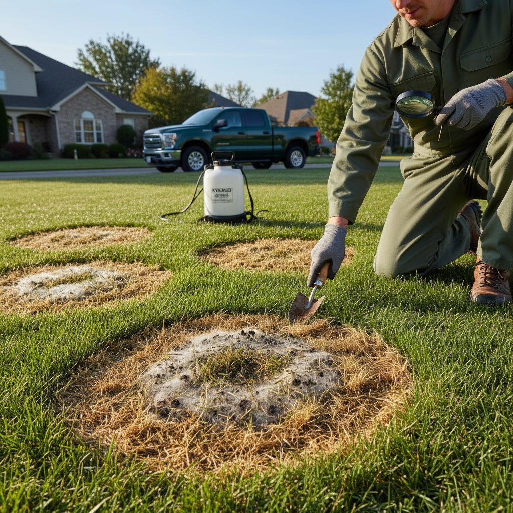 healthy green lawn contrasted with areas showing early fungal disease symptoms