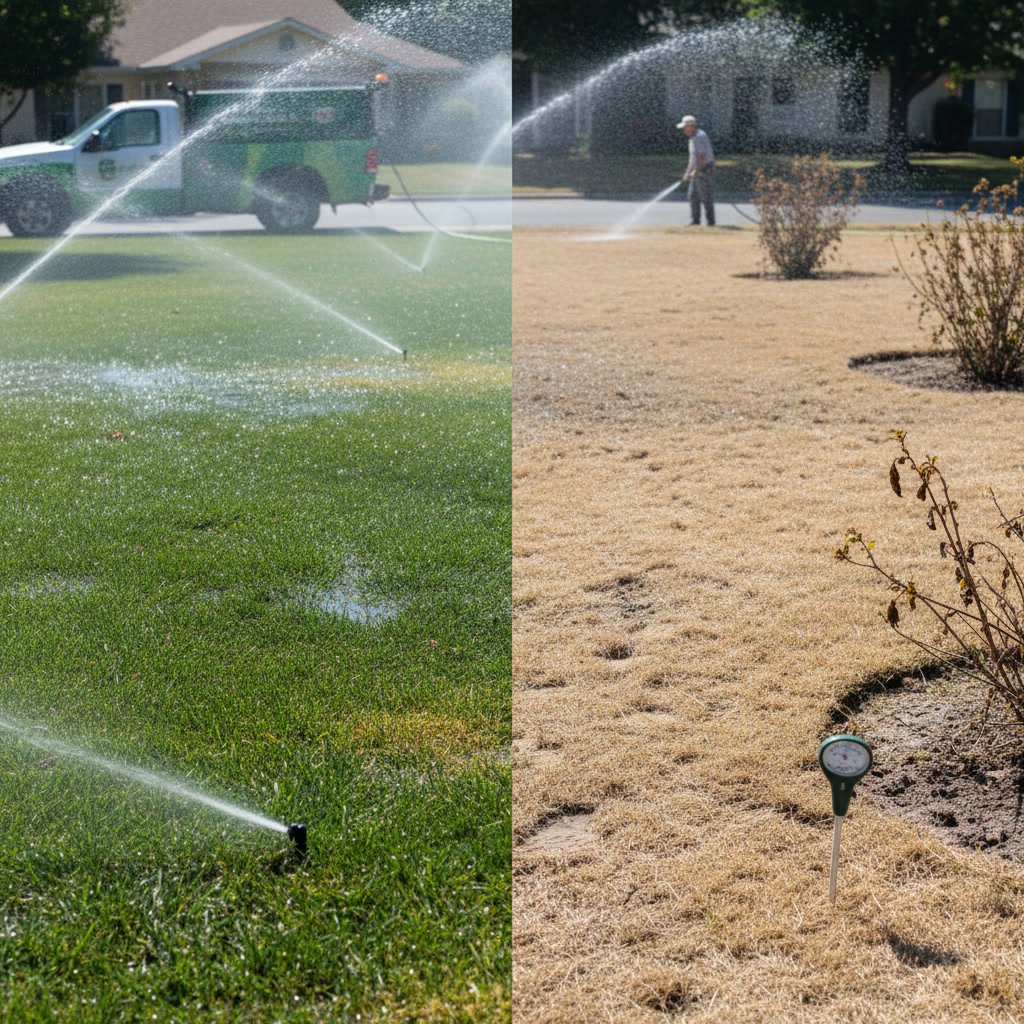 Professional lawn care specialist inspecting grass for watering problems