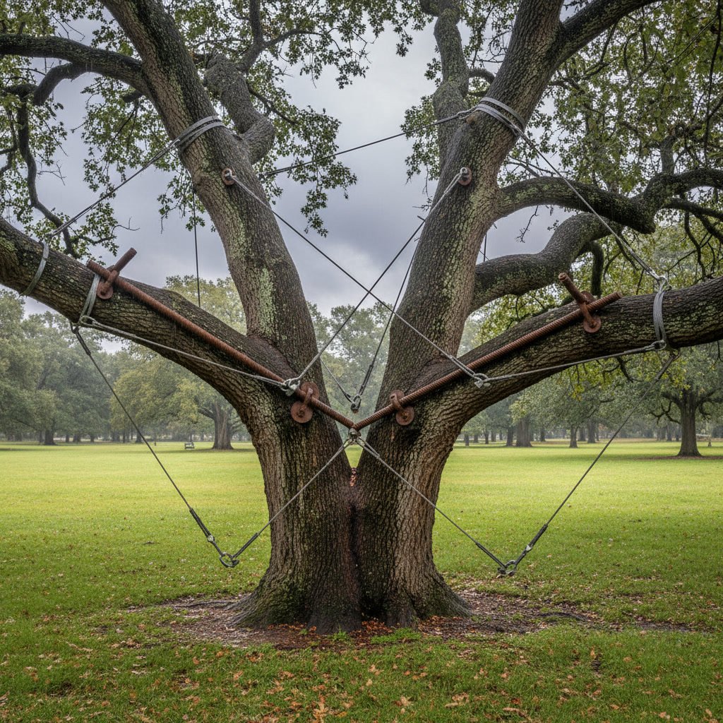 Tree cabling system installed in mature tree canopy for storm protection