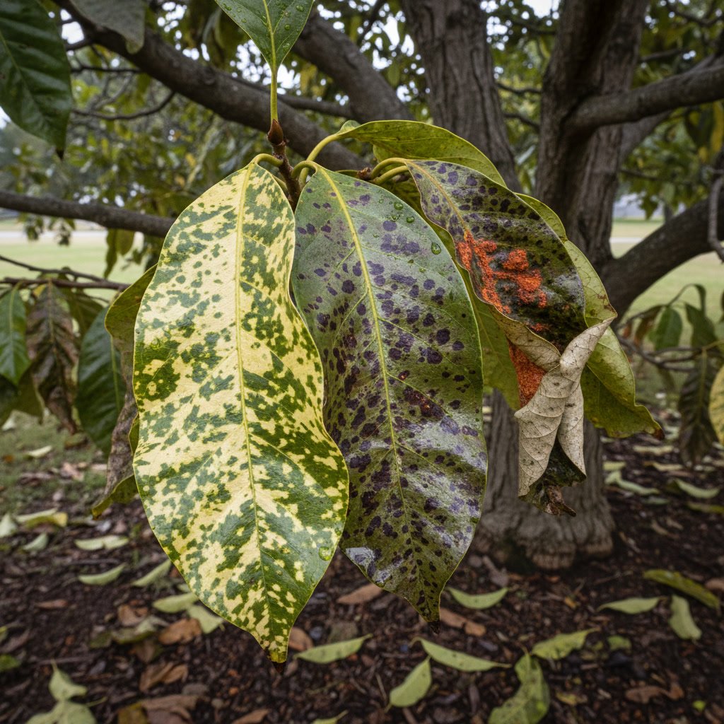 Close-up of diseased tree leaves showing discoloration and spots