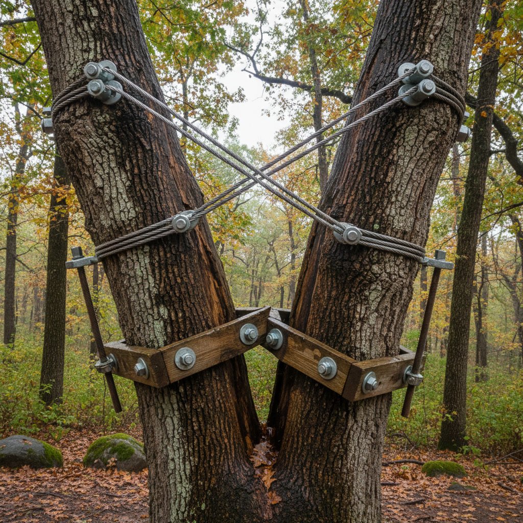 Close-up of tree bracing hardware installed in split tree trunk