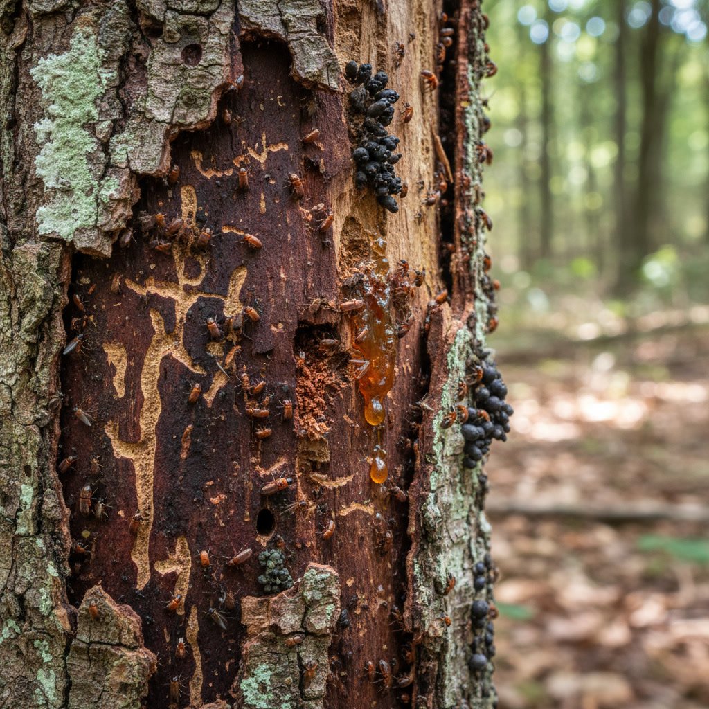 Tree trunk showing bark damage and potential disease symptoms