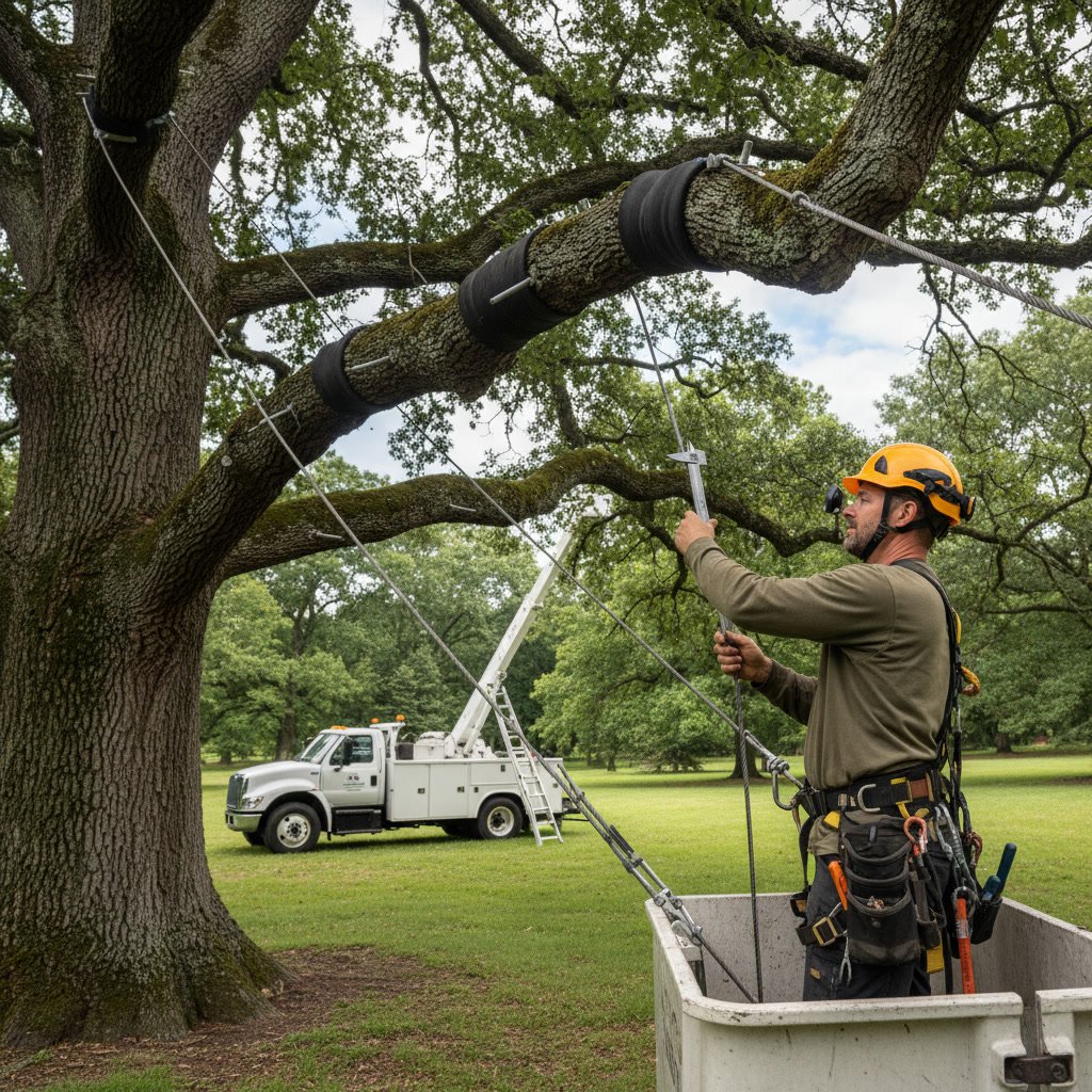 Arborist inspecting tree cable system for proper tension and hardware condition