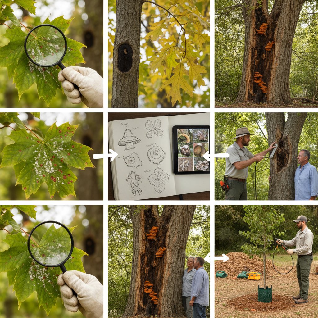 Professional arborist examining diseased tree for treatment assessment