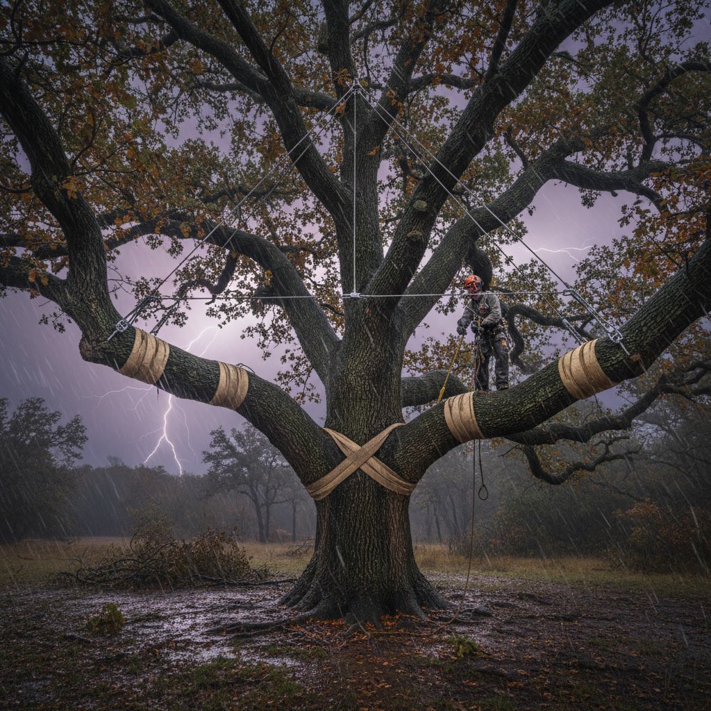 Large mature tree with professional cabling system protecting against storm damage